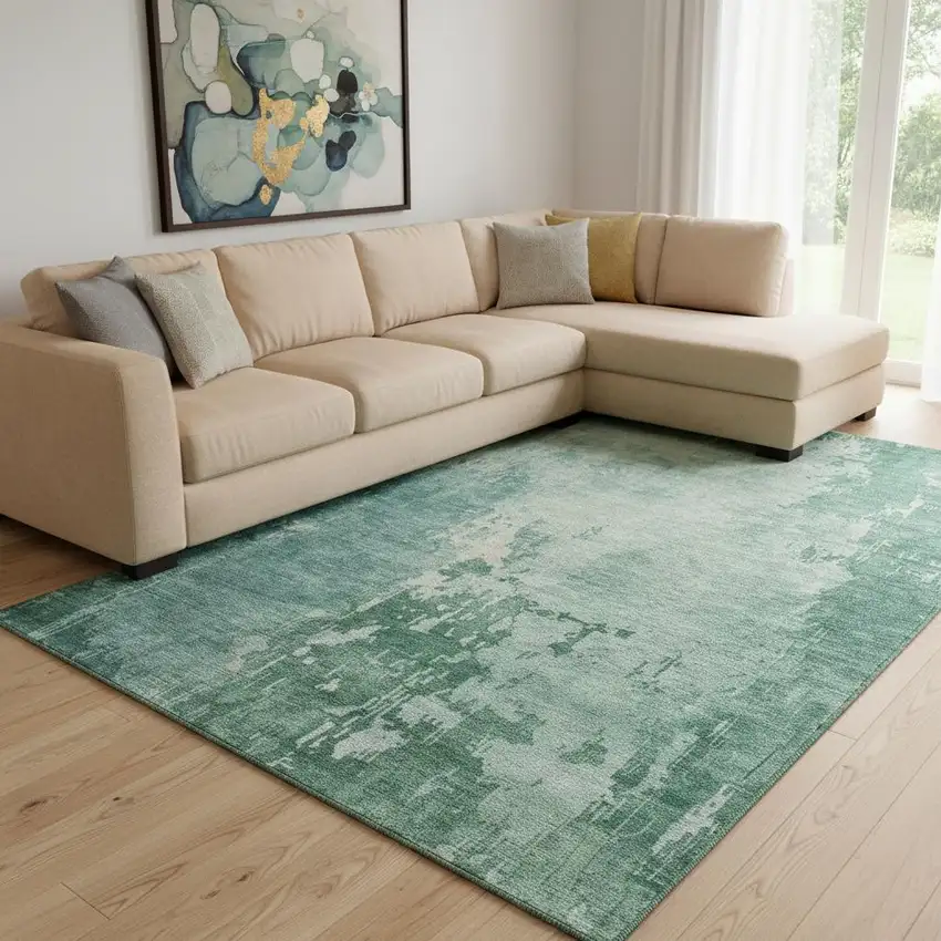 8' Emerald And Denim Blue Abstract Washable Area Rug With UV Protection Photo 2