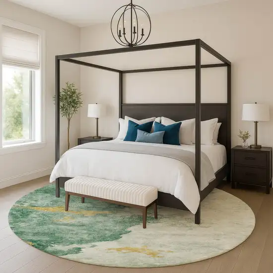 8' Emerald And Gold Abstract Washable Round Rug With UV Protection Photo 5