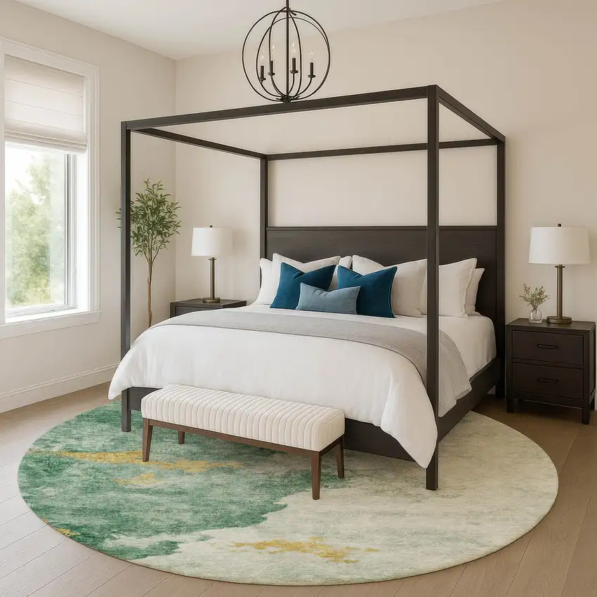 8' Emerald And Gold Abstract Washable Round Rug With UV Protection Photo 5