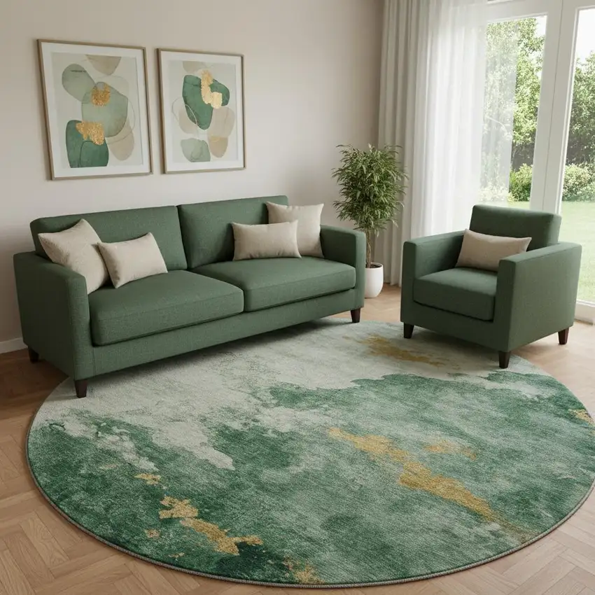 8' Emerald And Gold Abstract Washable Round Rug With UV Protection Photo 2