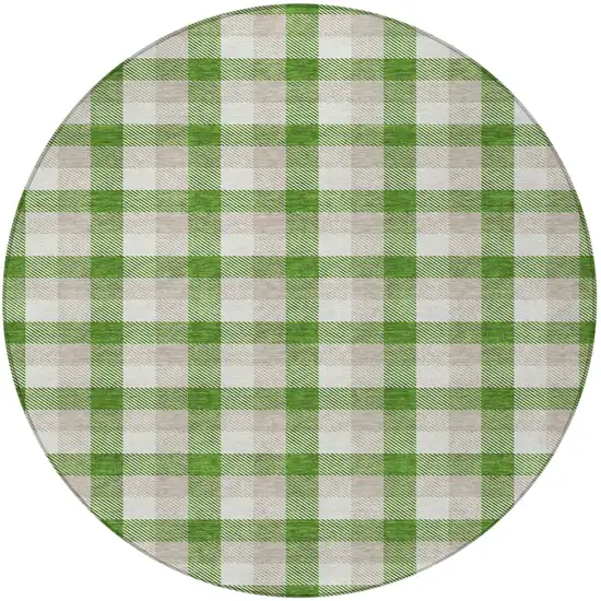 8' Emerald And Gray Round Plaid Washable Indoor Outdoor Area Rug Photo 5