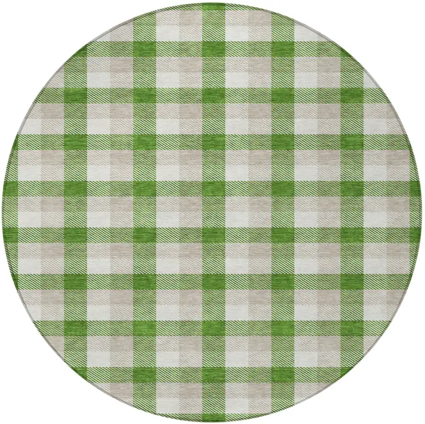 8' Emerald And Gray Round Plaid Washable Indoor Outdoor Area Rug Photo 5