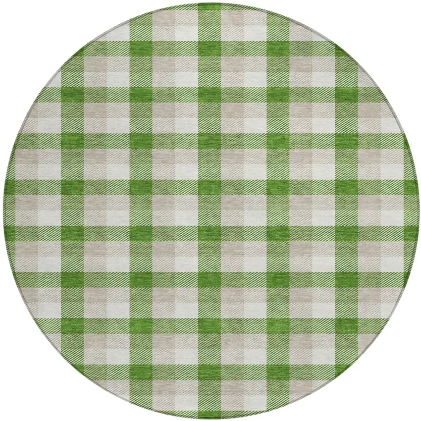 8' Emerald And Gray Round Plaid Washable Indoor Outdoor Area Rug Photo 2