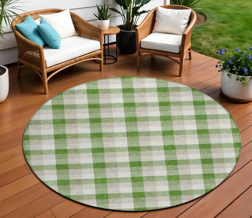 8' Emerald And Gray Round Plaid Washable Indoor Outdoor Area Rug Photo 1