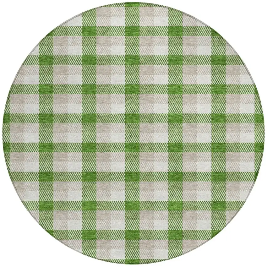 8' Emerald And Gray Round Plaid Washable Indoor Outdoor Area Rug Photo 4