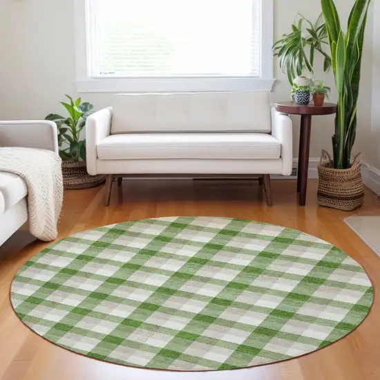 8' Emerald And Gray Round Plaid Washable Indoor Outdoor Area Rug Photo 7