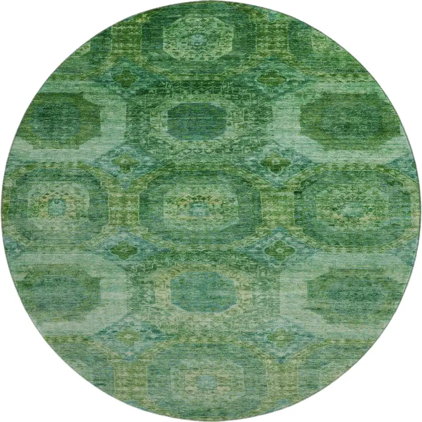 8' Emerald And Green Abstract Geometric Washable Round Rug With UV Protection Photo 1