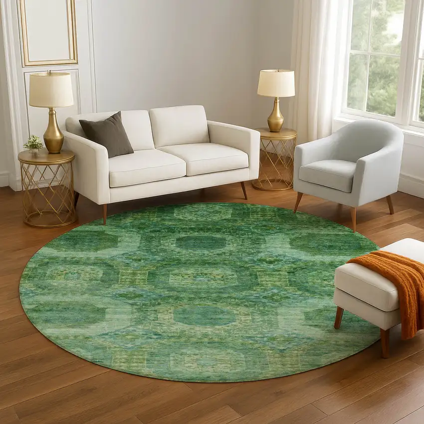 8' Emerald And Green Abstract Geometric Washable Round Rug With UV Protection Photo 5