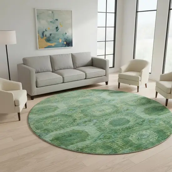 8' Emerald And Green Abstract Geometric Washable Round Rug With UV Protection Photo 2