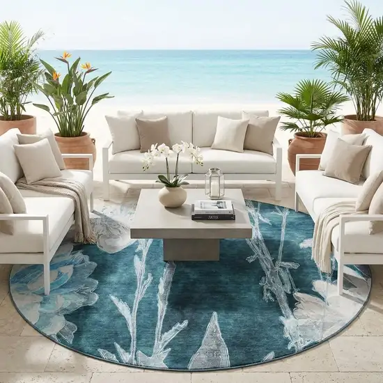 8' Emerald And Green Round Floral Washable Indoor Outdoor Area Rug Photo 1