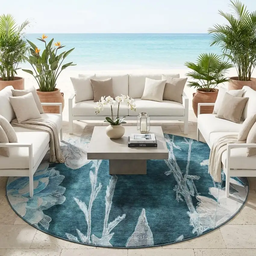 8' Emerald And Green Round Floral Washable Indoor Outdoor Area Rug Photo 1