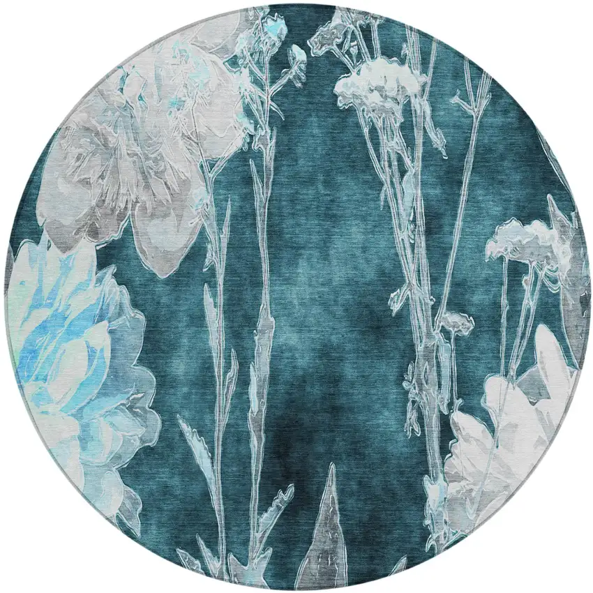8' Emerald And Green Round Floral Washable Indoor Outdoor Area Rug Photo 2
