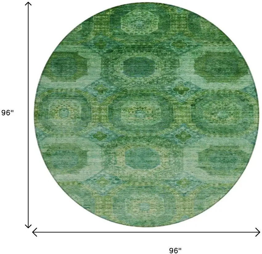 8' Emerald And Green Round Medallion Washable Indoor Outdoor Area Rug Photo 9