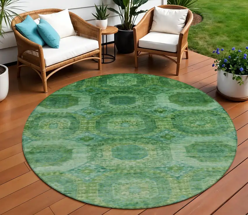 8' Emerald And Green Round Medallion Washable Indoor Outdoor Area Rug Photo 2