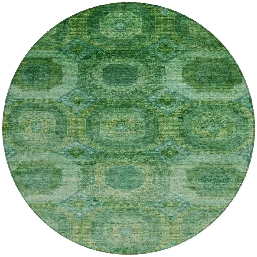 8' Emerald And Green Round Medallion Washable Indoor Outdoor Area Rug Photo 3
