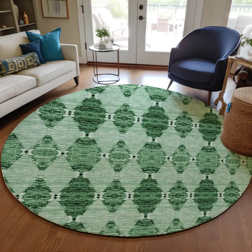 8' Emerald And Green Round Moroccan Washable Indoor Outdoor Area Rug Photo 7