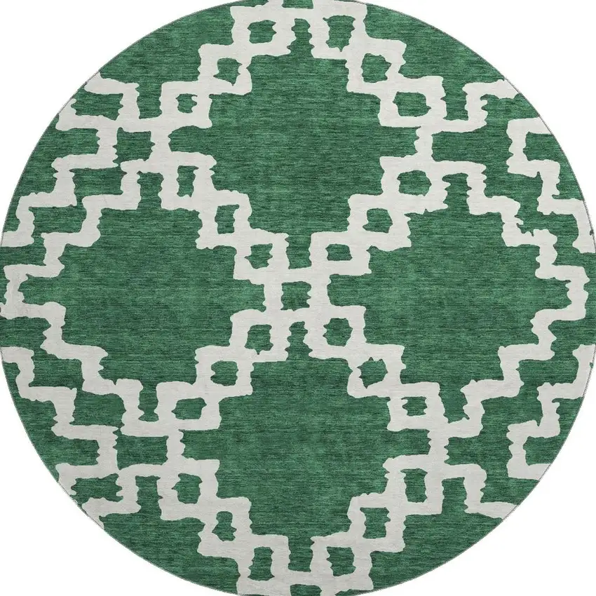 8' Emerald And Ivory Abstract Geometric Washable Round Rug With UV Protection Photo 4