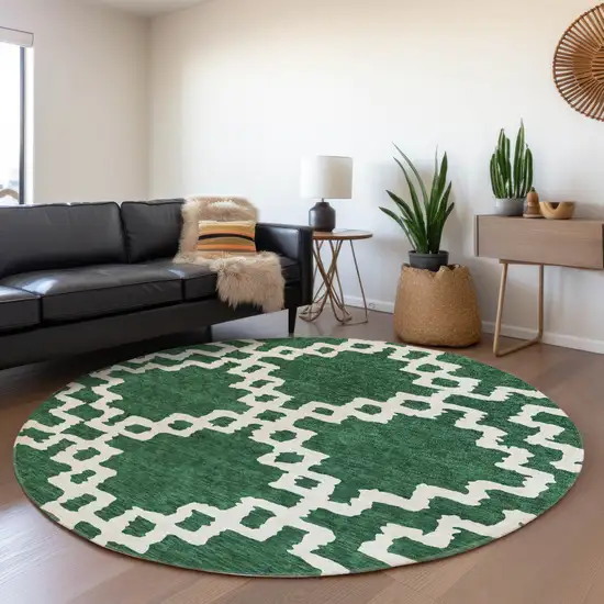 8' Emerald And Ivory Abstract Geometric Washable Round Rug With UV Protection Photo 5