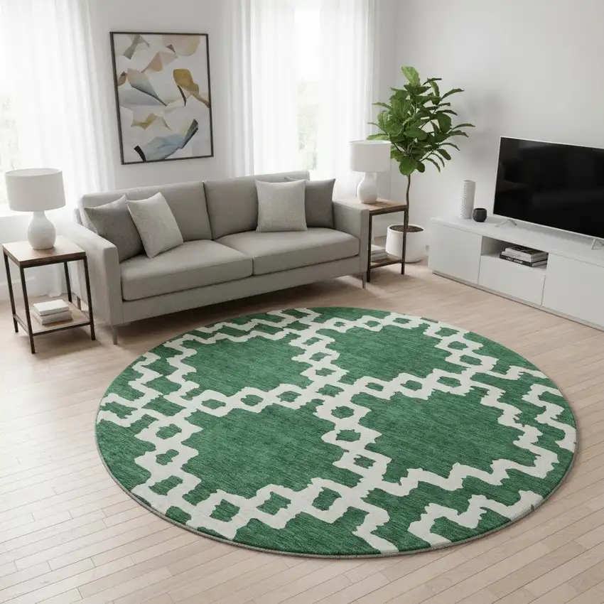 8' Emerald And Ivory Abstract Geometric Washable Round Rug With UV Protection Photo 2