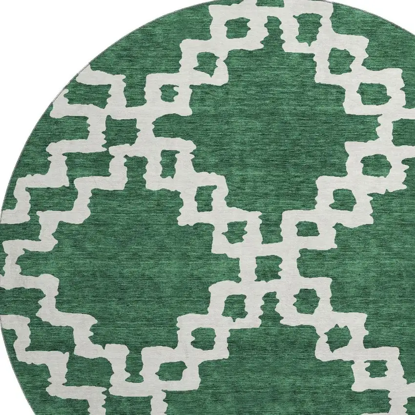 8' Emerald And Ivory Abstract Geometric Washable Round Rug With UV Protection Photo 3
