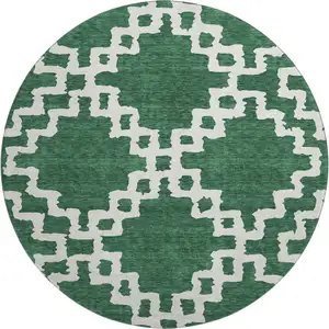 Photo of 8' Emerald And Ivory Abstract Geometric Washable Round Rug With UV Protection