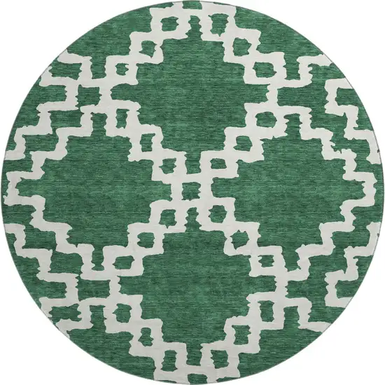 8' Emerald And Ivory Abstract Geometric Washable Round Rug With UV Protection Photo 1