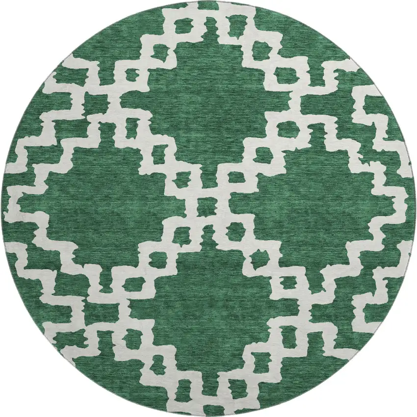 8' Emerald And Ivory Abstract Geometric Washable Round Rug With UV Protection Photo 1