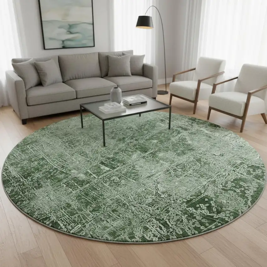 8' Emerald And Ivory Abstract Washable Round Rug With UV Protection Photo 2