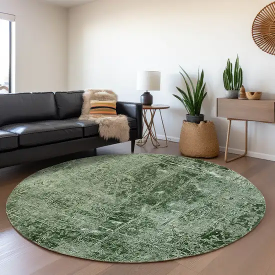8' Emerald And Ivory Abstract Washable Round Rug With UV Protection Photo 5