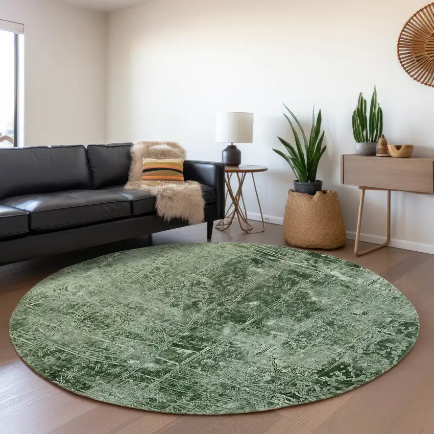 8' Emerald And Ivory Abstract Washable Round Rug With UV Protection Photo 5