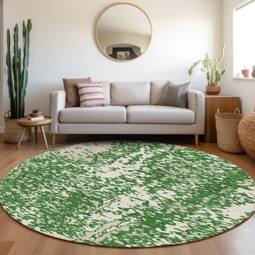 8' Emerald And Ivory Abstract Washable Round Rug With UV Protection Photo 4