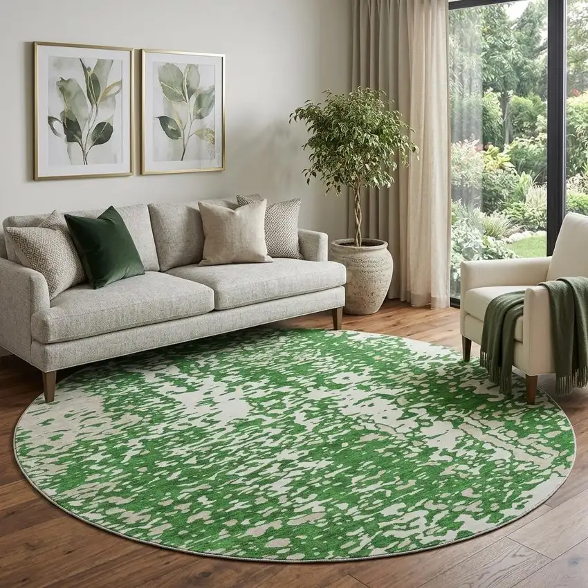 8' Emerald And Ivory Abstract Washable Round Rug With UV Protection Photo 1