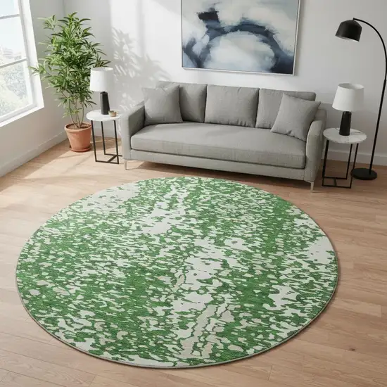 8' Emerald And Ivory Abstract Washable Round Rug With UV Protection Photo 2