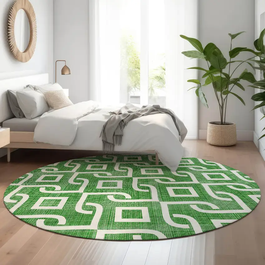 8' Emerald And Ivory Geometric Washable Round Rug With UV Protection Photo 6