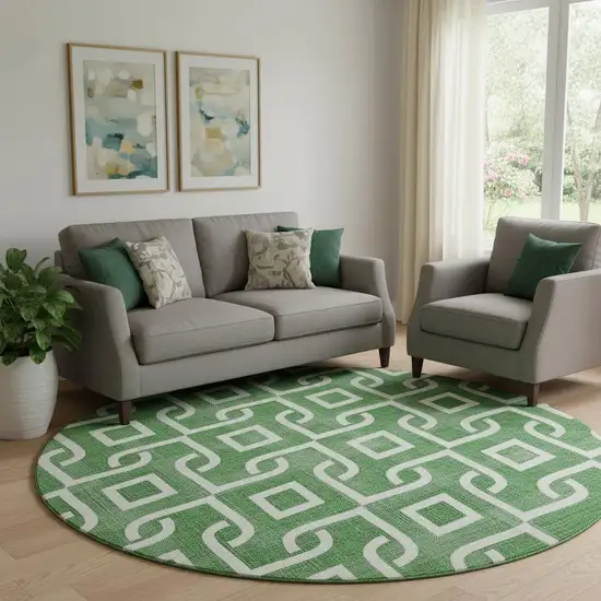 8' Emerald And Ivory Geometric Washable Round Rug With UV Protection Photo 1