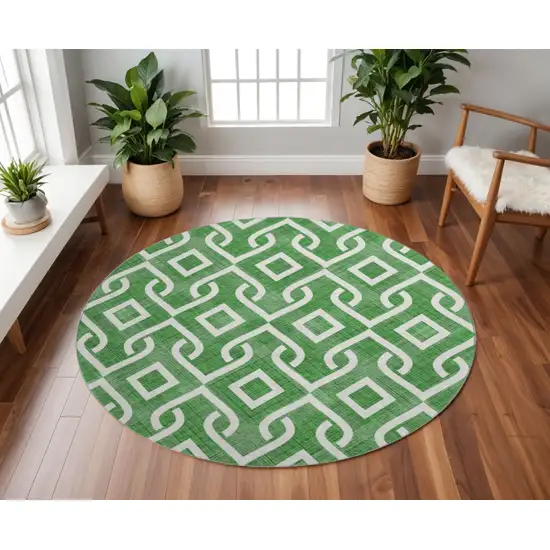 8' Emerald And Ivory Geometric Washable Round Rug With UV Protection Photo 3