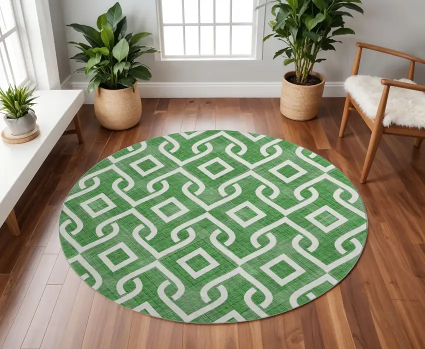 8' Emerald And Ivory Geometric Washable Round Rug With UV Protection Photo 3