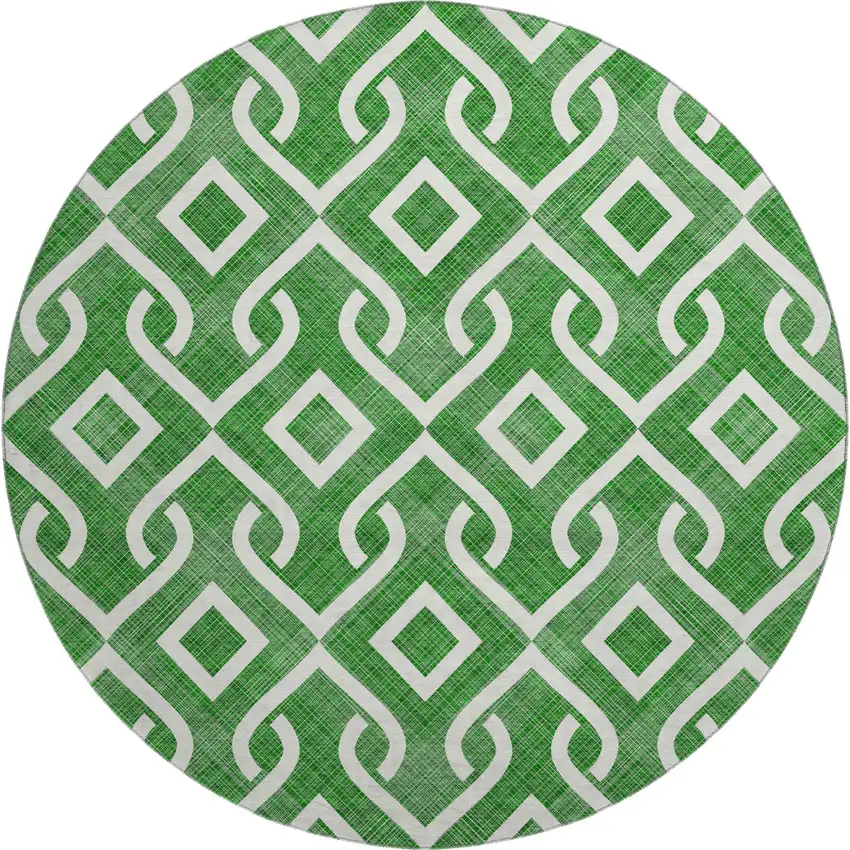 8' Emerald And Ivory Geometric Washable Round Rug With UV Protection Photo 1