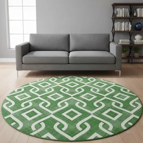 8' Emerald And Ivory Geometric Washable Round Rug With UV Protection Photo 2