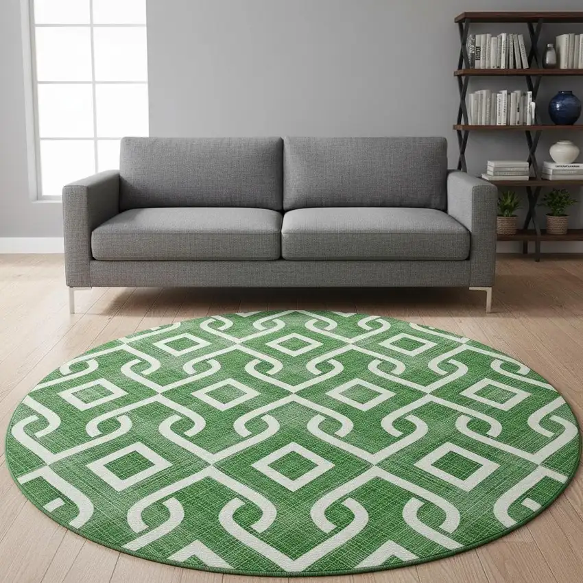 8' Emerald And Ivory Geometric Washable Round Rug With UV Protection Photo 2