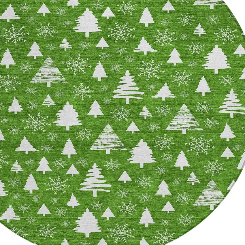 8' Emerald And Ivory Round Botanical Leaves Washable Indoor Outdoor Area Rug Photo 8