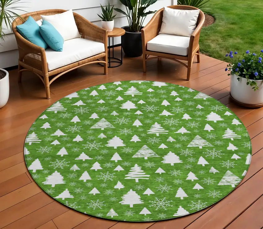 8' Emerald And Ivory Round Botanical Leaves Washable Indoor Outdoor Area Rug Photo 2