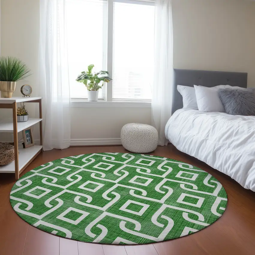8' Emerald And Ivory Round Geometric Washable Indoor Outdoor Area Rug Photo 8