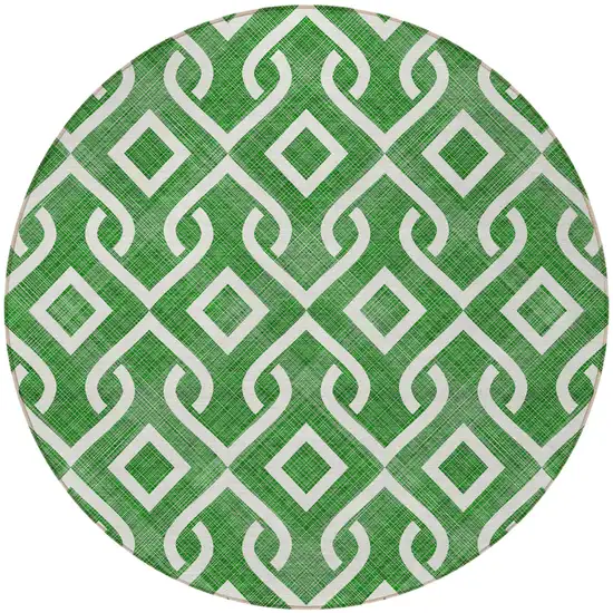 8' Emerald And Ivory Round Geometric Washable Indoor Outdoor Area Rug Photo 6