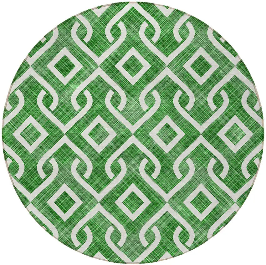 8' Emerald And Ivory Round Geometric Washable Indoor Outdoor Area Rug Photo 6