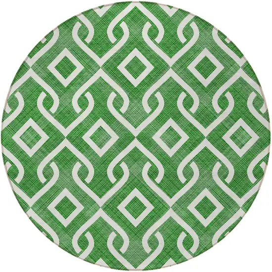 8' Emerald And Ivory Round Geometric Washable Indoor Outdoor Area Rug Photo 6