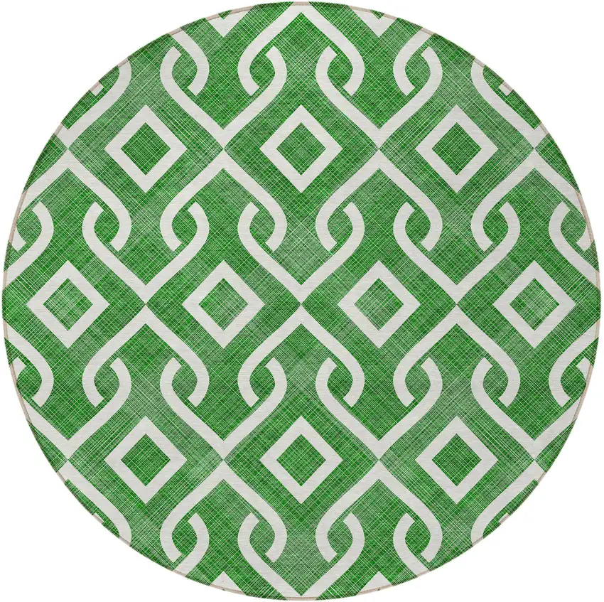 8' Emerald And Ivory Round Geometric Washable Indoor Outdoor Area Rug Photo 6