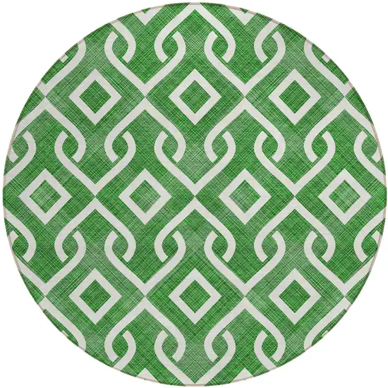 8' Emerald And Ivory Round Geometric Washable Indoor Outdoor Area Rug Photo 2