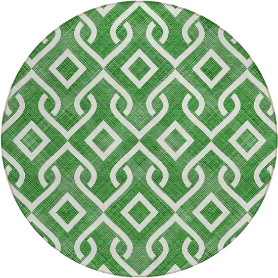 8' Emerald And Ivory Round Geometric Washable Indoor Outdoor Area Rug Photo 2