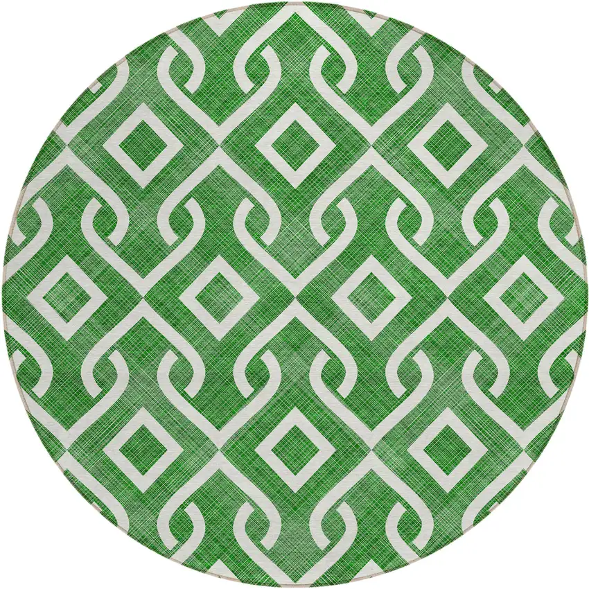 8' Emerald And Ivory Round Geometric Washable Indoor Outdoor Area Rug Photo 2